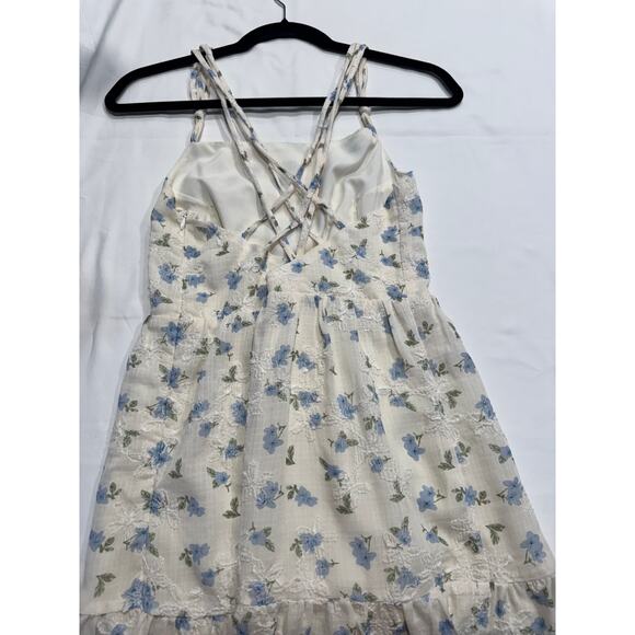 Kestan Strappy Cross Back Mini Dress Size S White Blue Floral Textured Tiered - Picture 6 of 8